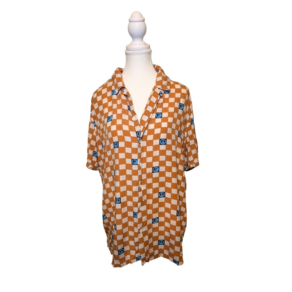 PacSun Orange Checkered Button Up Shirt Yin Yang Peace Sign Skate Streetwear L